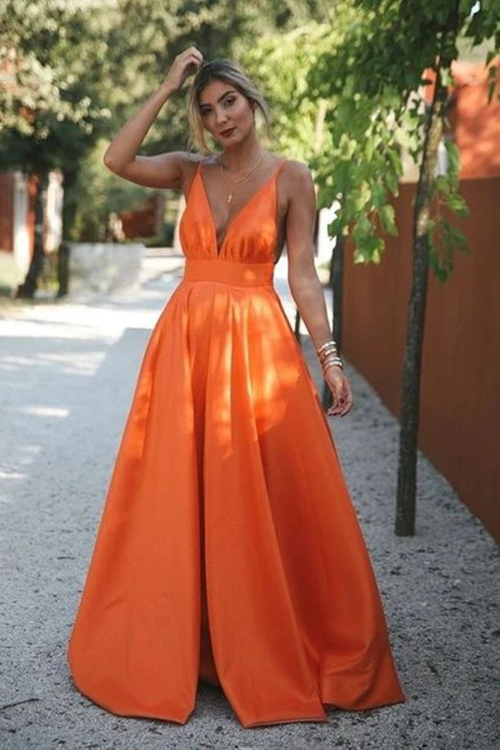 Deep V Neck Orange Color Prom Dresses, A-line Simple Prom Dresses