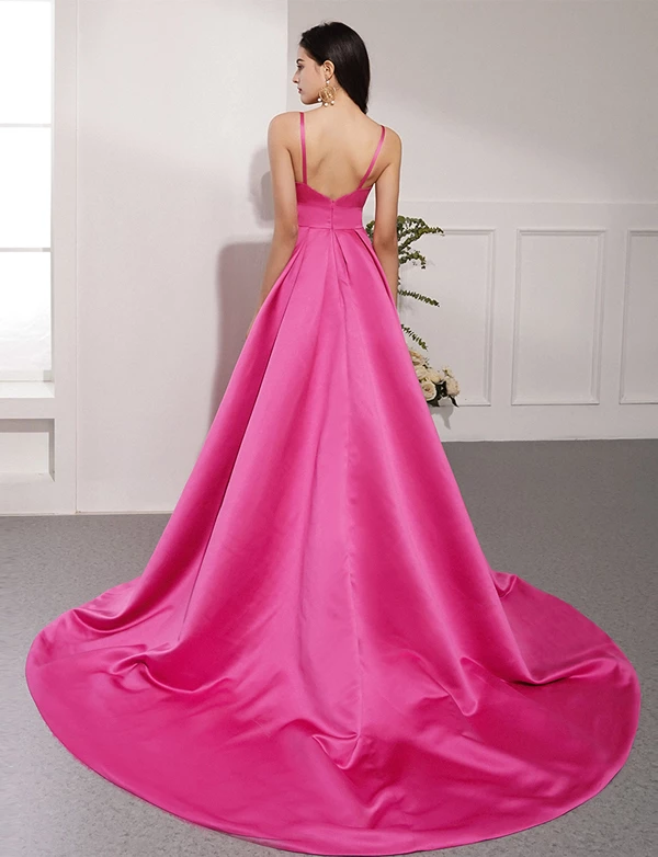 Spaghetti Long A-line Hot Pink Prom Dresses, Simple Prom Dresses, Satin Prom Dresses