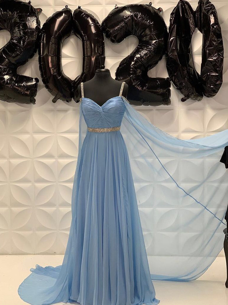 Blue Chiffon Long Prom Dresses, Beaded Belt Log Prom Dresses, Affordable Prom Dresses, Long Prom Dresses