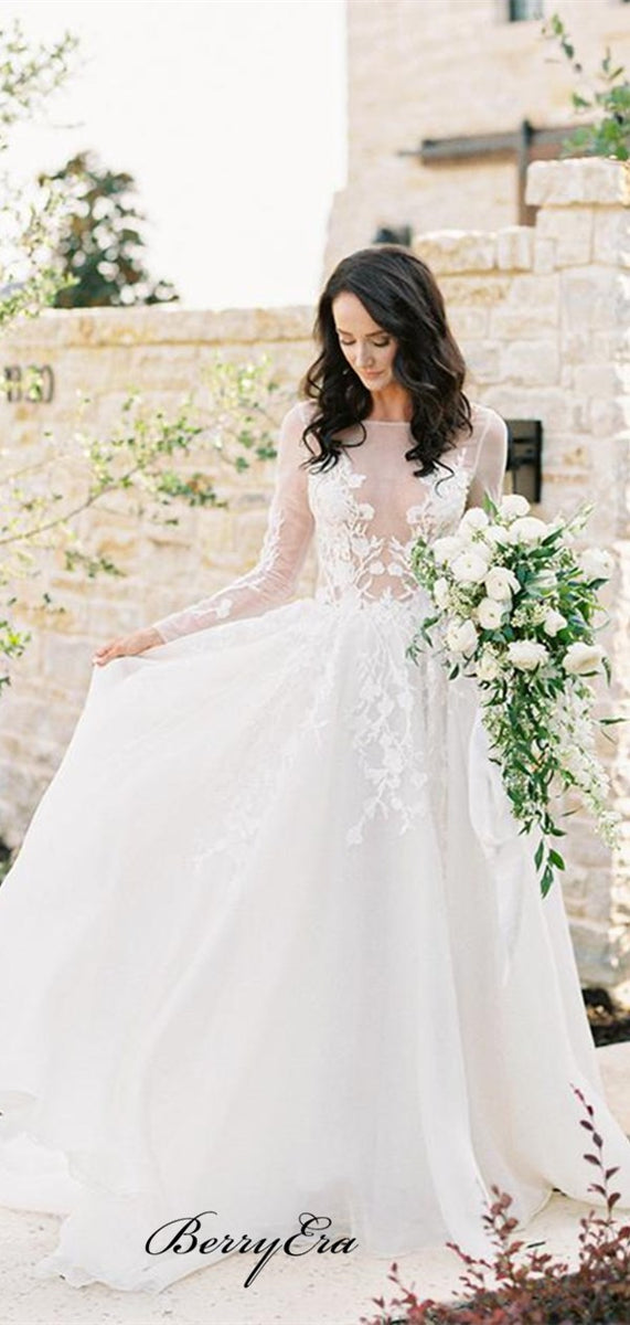 Long Sleeves Lace Elegant Wedding Dresses, A-line Bridal Gowns, Weddin ...