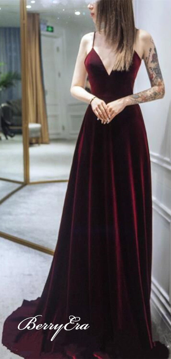 V-neck Velvet Strap Prom Dresses, Custom Design Long Prom Dresses