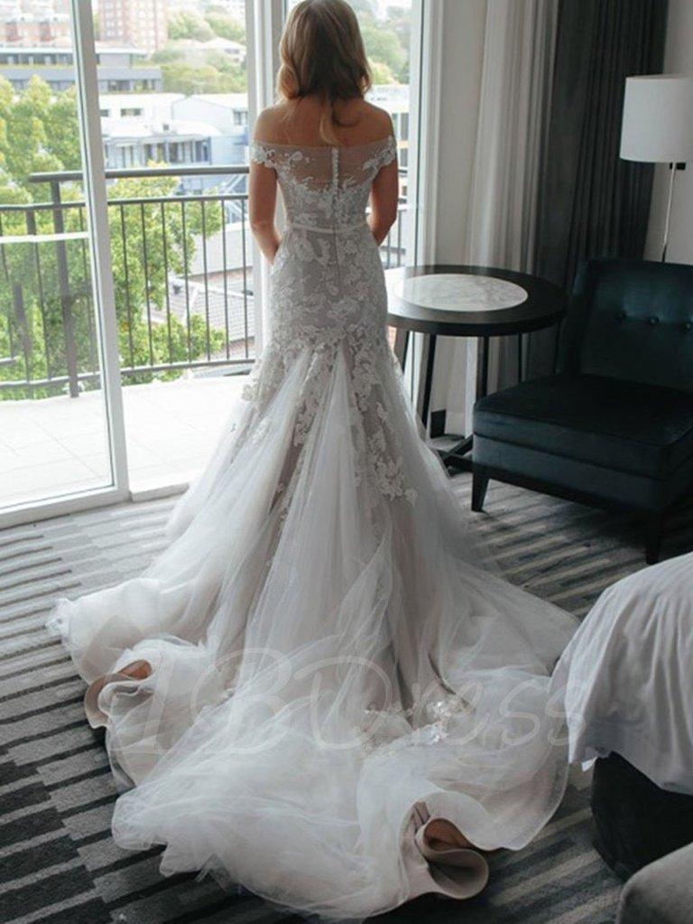 Off Shoulder Lace Mermaid Long Train Wedding Dresses, Bridal Gown