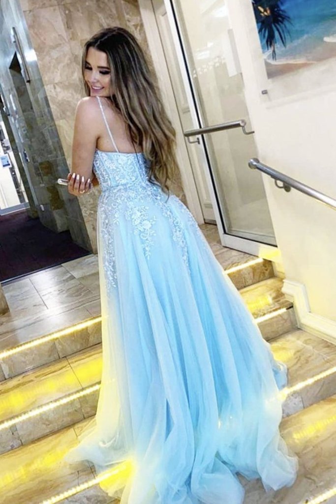 Spaghetti Straps Sky Blue Long Prom Dresses, Lace 2021 Prom Dresses, Evening Dresses