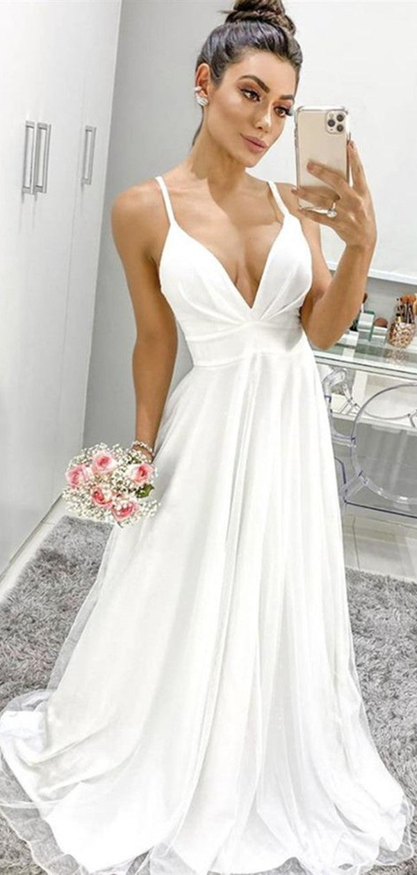 A Line V Neck Thin Straps White Chiffon Long Prom Dress 2021, Simple Cheap Wedding Dresses