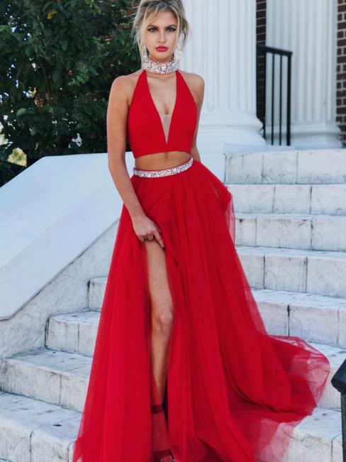 2 Pieces Halter Beaded Red Long Side Slit Tulle Prom Dresses