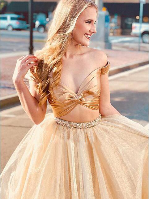 2 Pieces Cute Satin Top Tulle Beaded Long Prom Dresses
