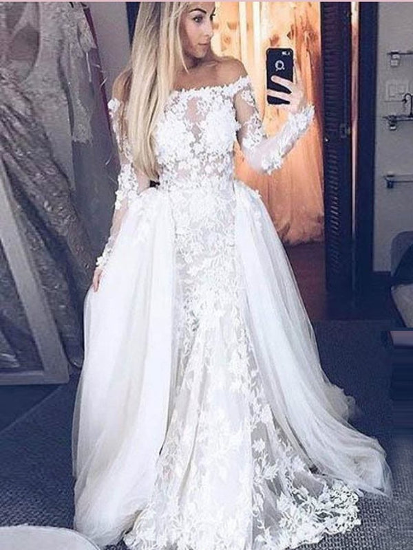 Off Shoulder Long Sleeves Tulle Lace Prom Dresses