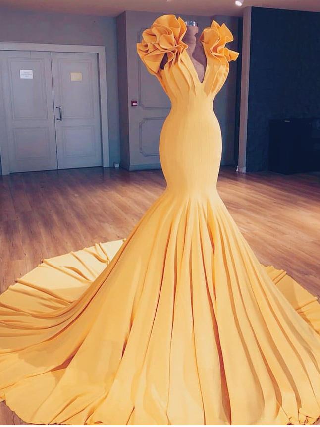 V-neck Long Mermaid Yellow Ruffles Prom Dresses