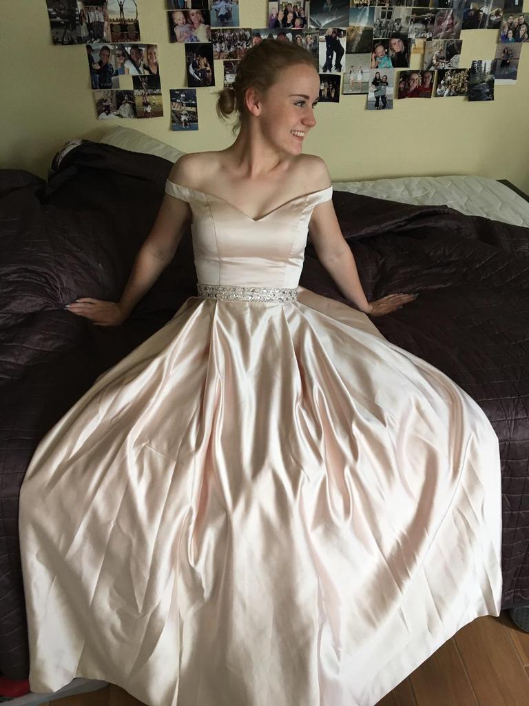 Off Shoulder Pale Pink A-line Satin Beaded Prom Dresses