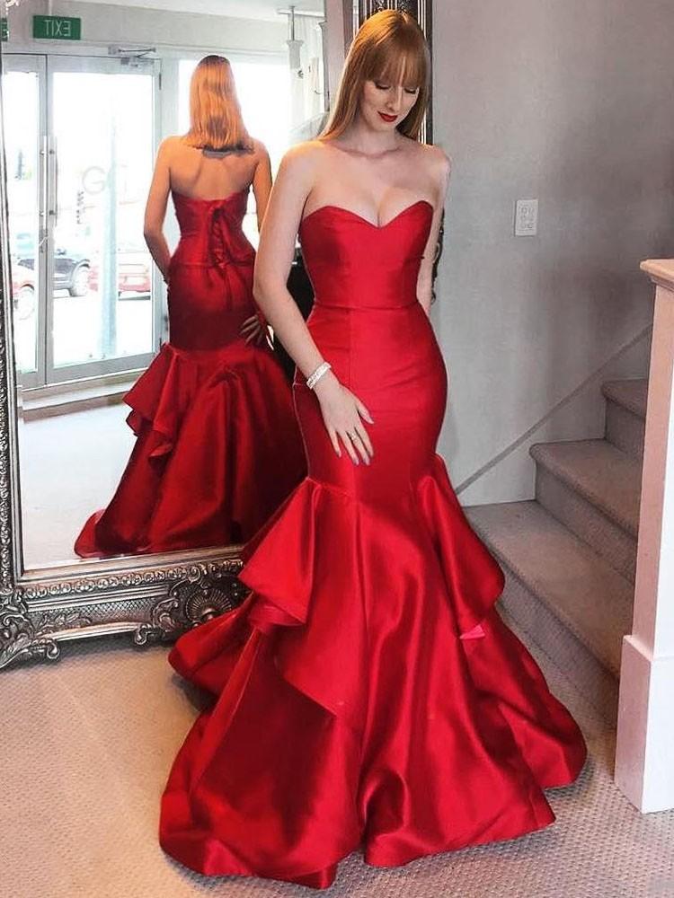 Sweetheart Long Mermaid Red Lace Up Prom Dresses