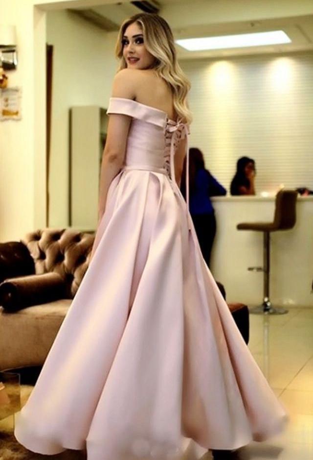 Off Shoulder Pink Satin Long Prom Dresses