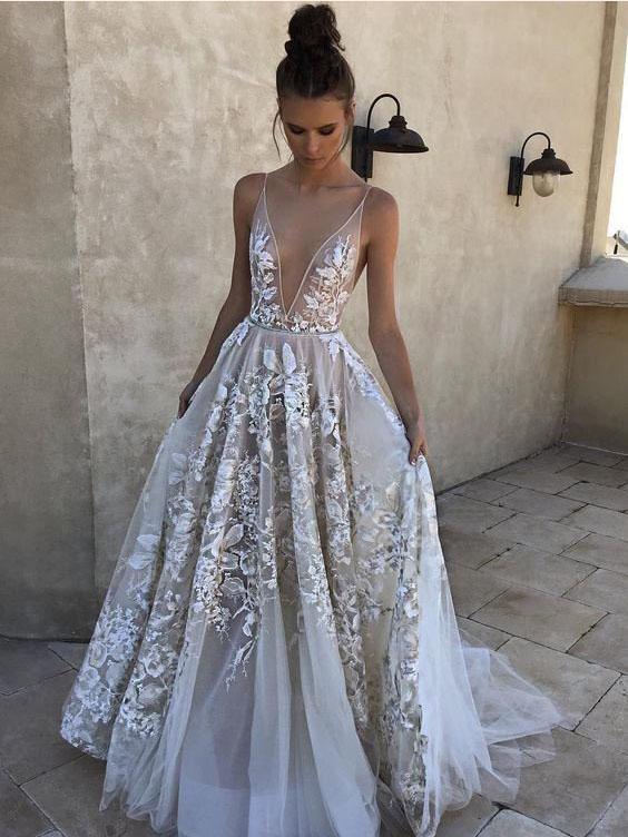 Sexy Deep V-neck Lace Tulle Long Prom Dresses