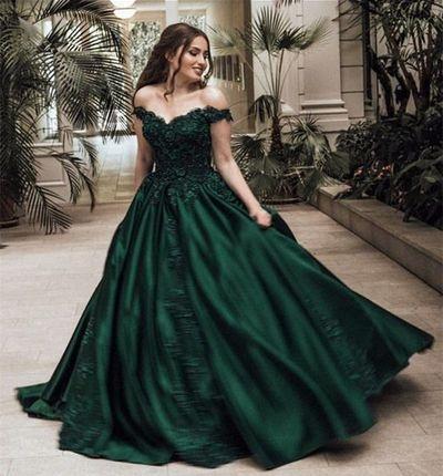 Off Shoulder Emerald Green Lace Satin Prom Dresses