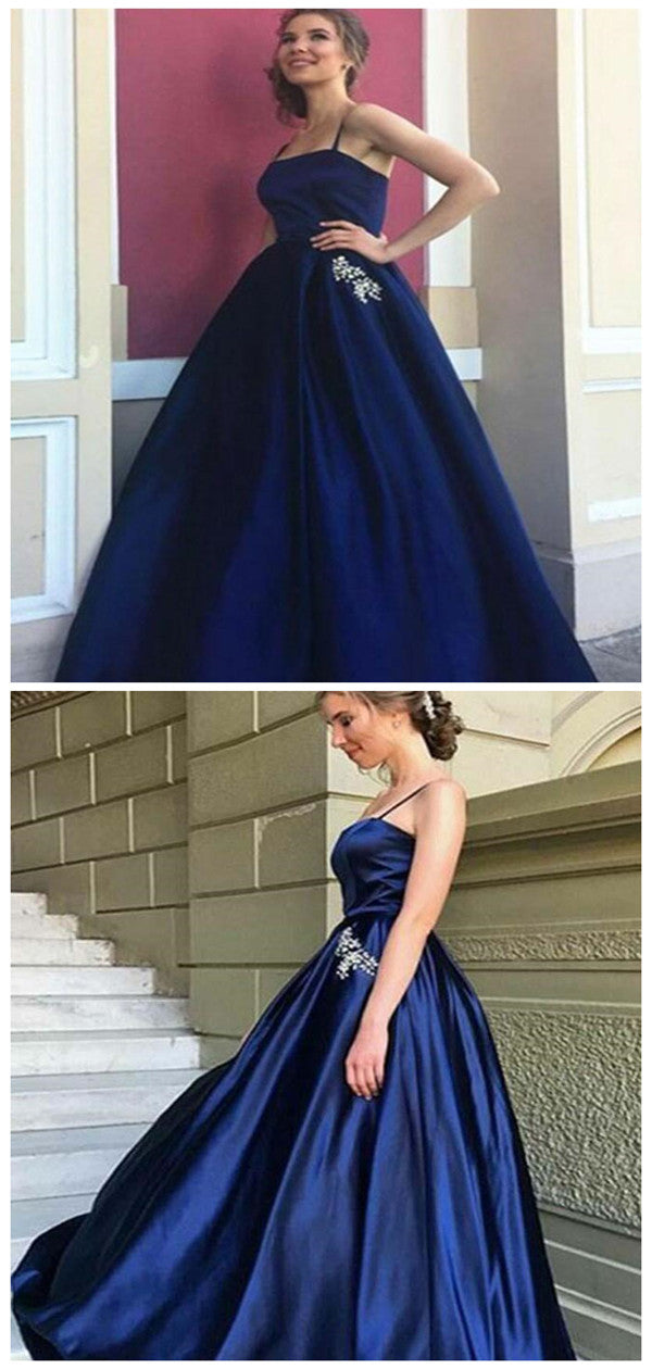 Elegant Royal Blue Spaghetti Straps Long A-Line Satin Prom Dresses