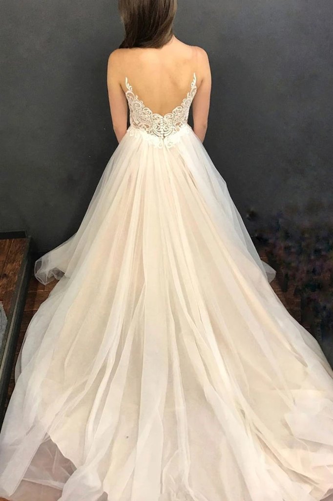 V-neck Long A-line Ivory Lace Tulle Wedding Dresses, Sleeveless Wedding Dresses, Long Wedding Dresses