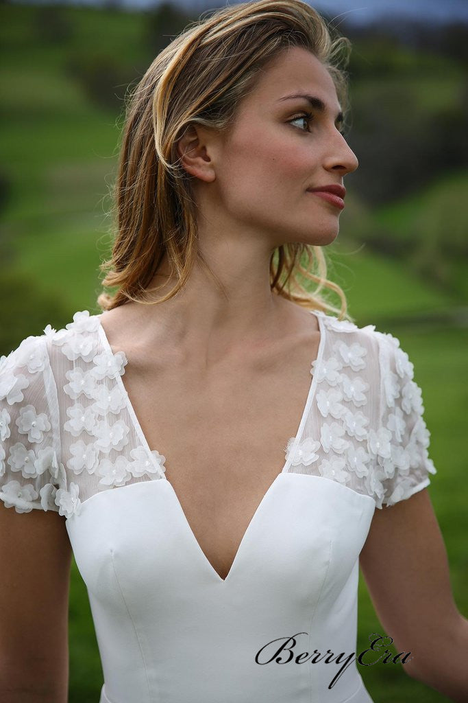 Cap Sleeves Appliques Elegant Wedding Dresses, V-neck Fancy Country Wedding Dresses