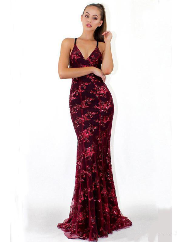 Long Mermaid Burgundy Sequin Lace Prom Dresses, Long Prom Dresses, Affordable Prom Dresses