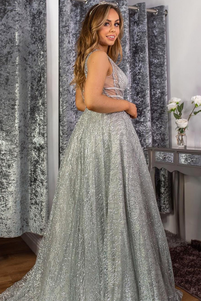 Popular Grey Sequin Tulle Prom Dresses, Long Prom Dresses, 2020 Prom Dresses