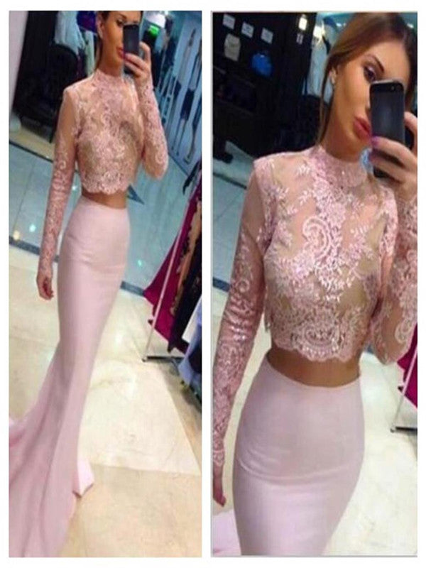 Lace Mermaid Long Sleeves High Neck Fashion Long Evening Party Prom Dress Two Pieces