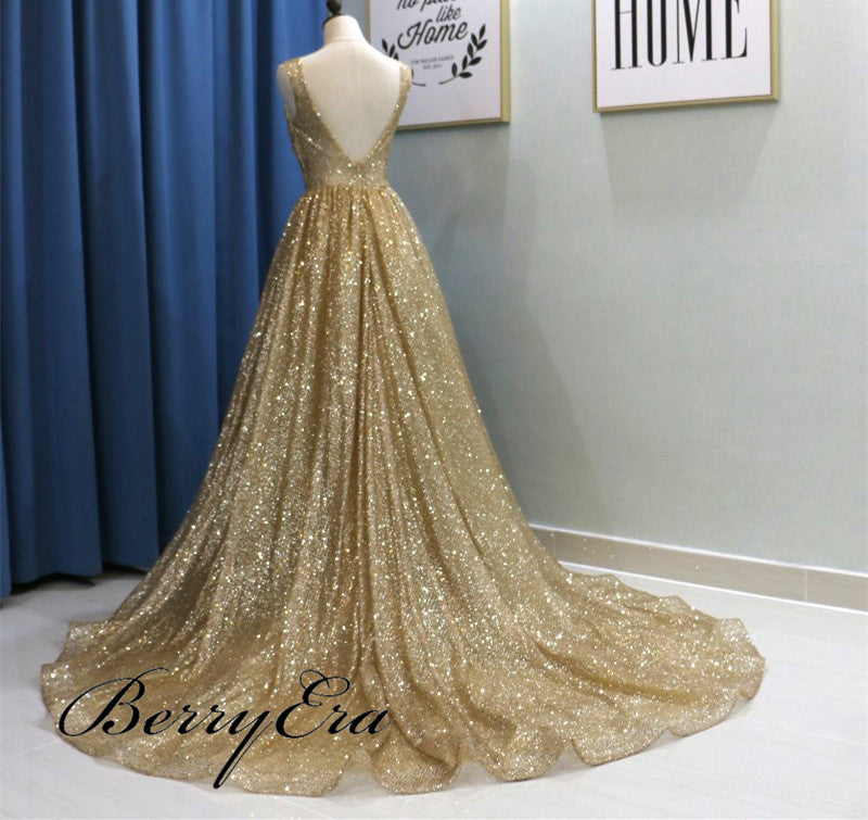 V-neck Long A-line Sequin Prom Dresses, Sparkle Prom Dresses