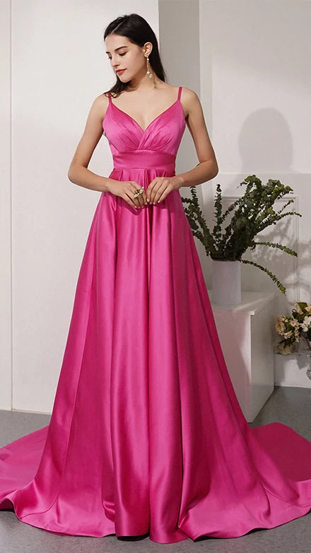 Spaghetti Long A-line Hot Pink Prom Dresses, Simple Prom Dresses, Satin Prom Dresses