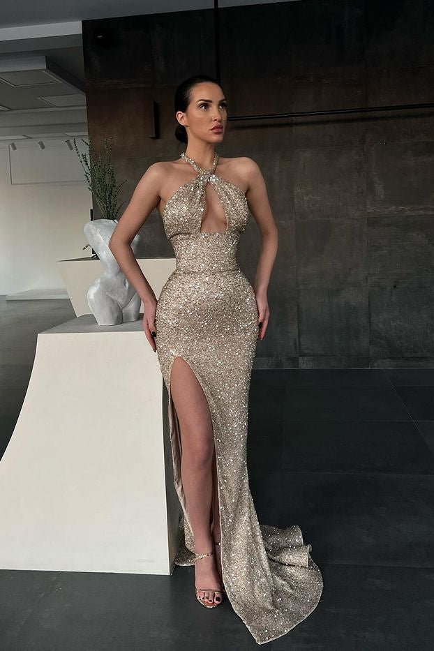 Newest Halter Prom Dresses, Mermaid Sexy 2023 Long Prom Dresses, Sequins Graduation Party Dresses