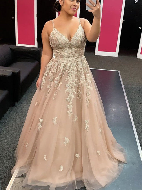 Champagne Tulle V Neck Long Lace Floral Prom Dress, 2021 Lace Evening Prom Dresses