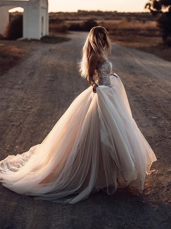 Sweetheart Long A-line Beaded Tulle Wedding Dresses, Country Wedding Gown, Long Bridal Gown