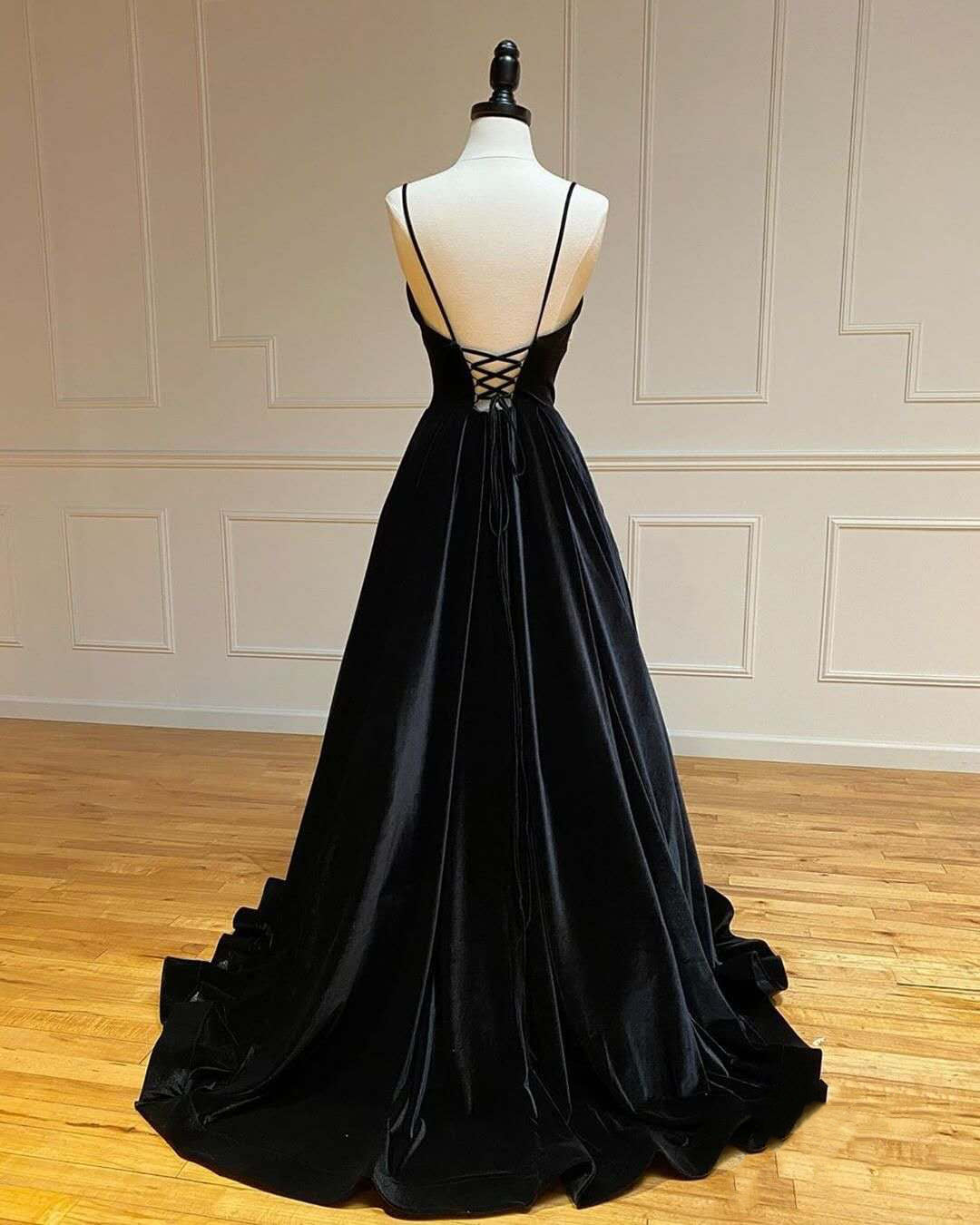 Spaghetti Long Velvet Prom Dresses, Black Prom Dresses, A-line Prom Dresses, Cheap Prom Dresses