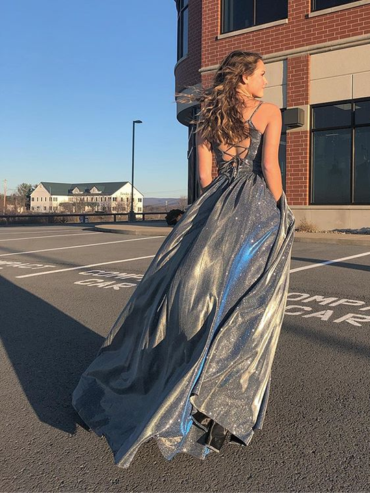 Spaghetti Long A-line Shiny Satin Prom Dresses, Popular Prom Dresses, 2021 Prom Dresses