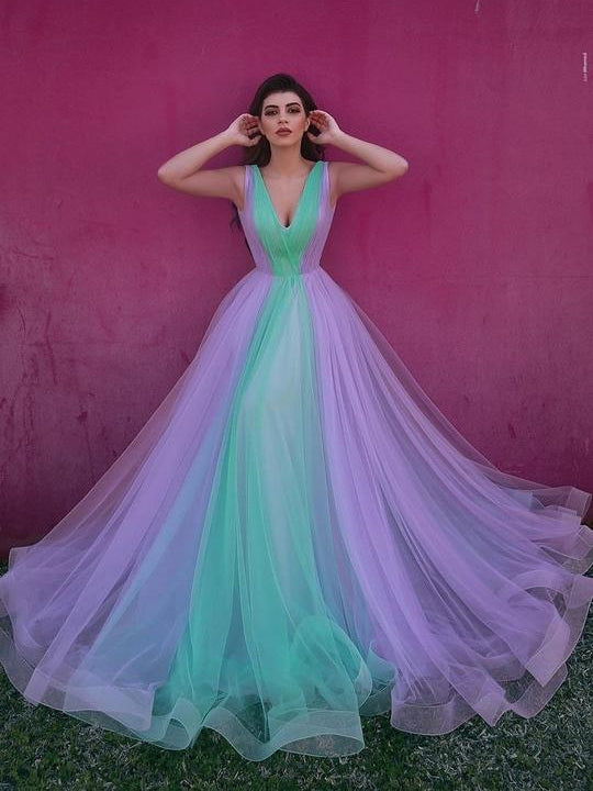 V-neck Tulle Colorful Prom Dresses, A-line 2021 Prom Dresses, Newest Long Prom Dresses