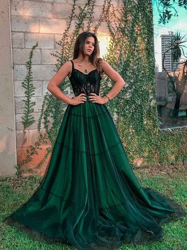 Emerald Green Color A-line Newest Prom Dresses, Stylish Lace Tulle Lon – Berryera