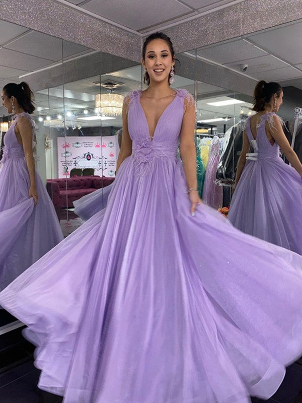 Long Lavender Formal Evening Dress， Deep V Neck Tulle Long Prom Dresses 2021