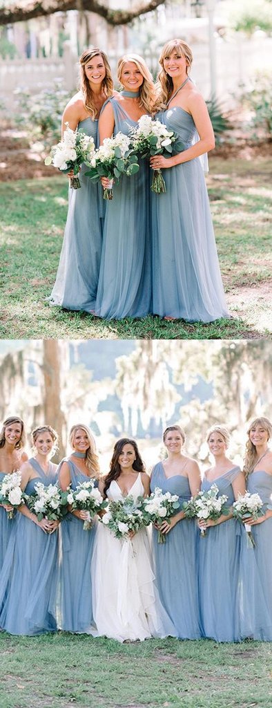 Convertible Long A-line Dusty Blue Tulle Bridesmaid Dresses