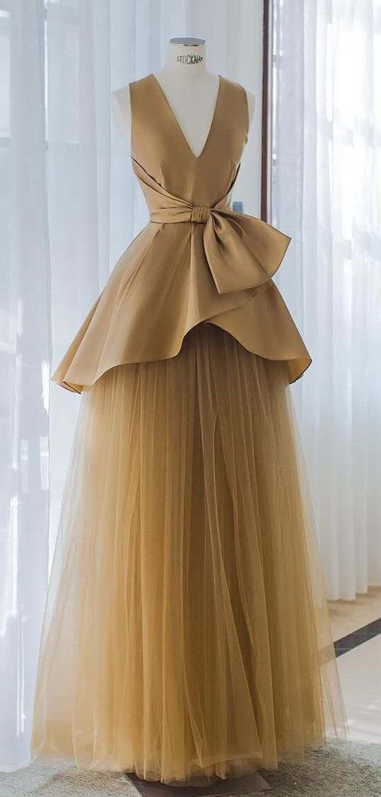 V-neck Long Gold Satin Tulle Prom Dresses, Elegant Prom Dresses, Cheap Prom Dresses