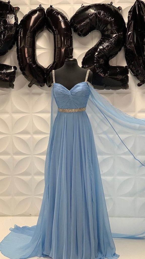 Blue Chiffon Long Prom Dresses, Beaded Belt Log Prom Dresses, Affordable Prom Dresses, Long Prom Dresses