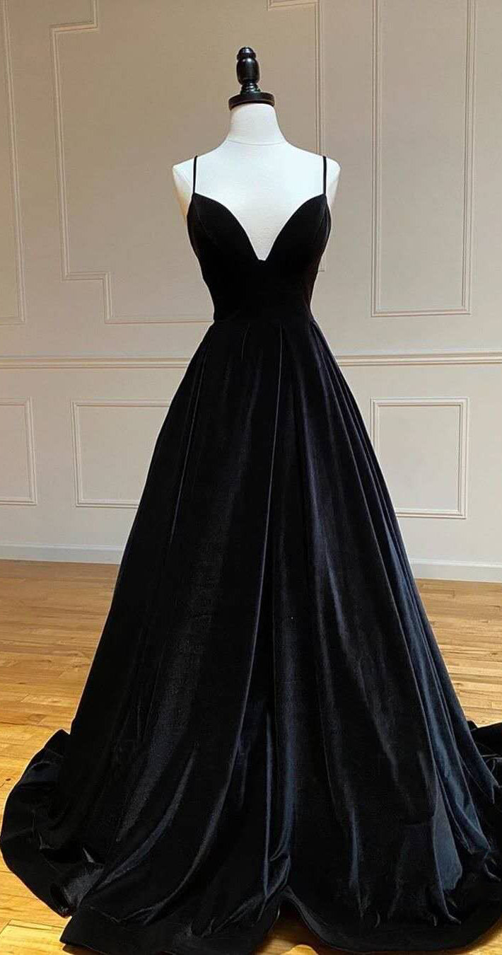 Spaghetti Long Velvet Prom Dresses, Black Prom Dresses, A-line Prom Dresses, Cheap Prom Dresses