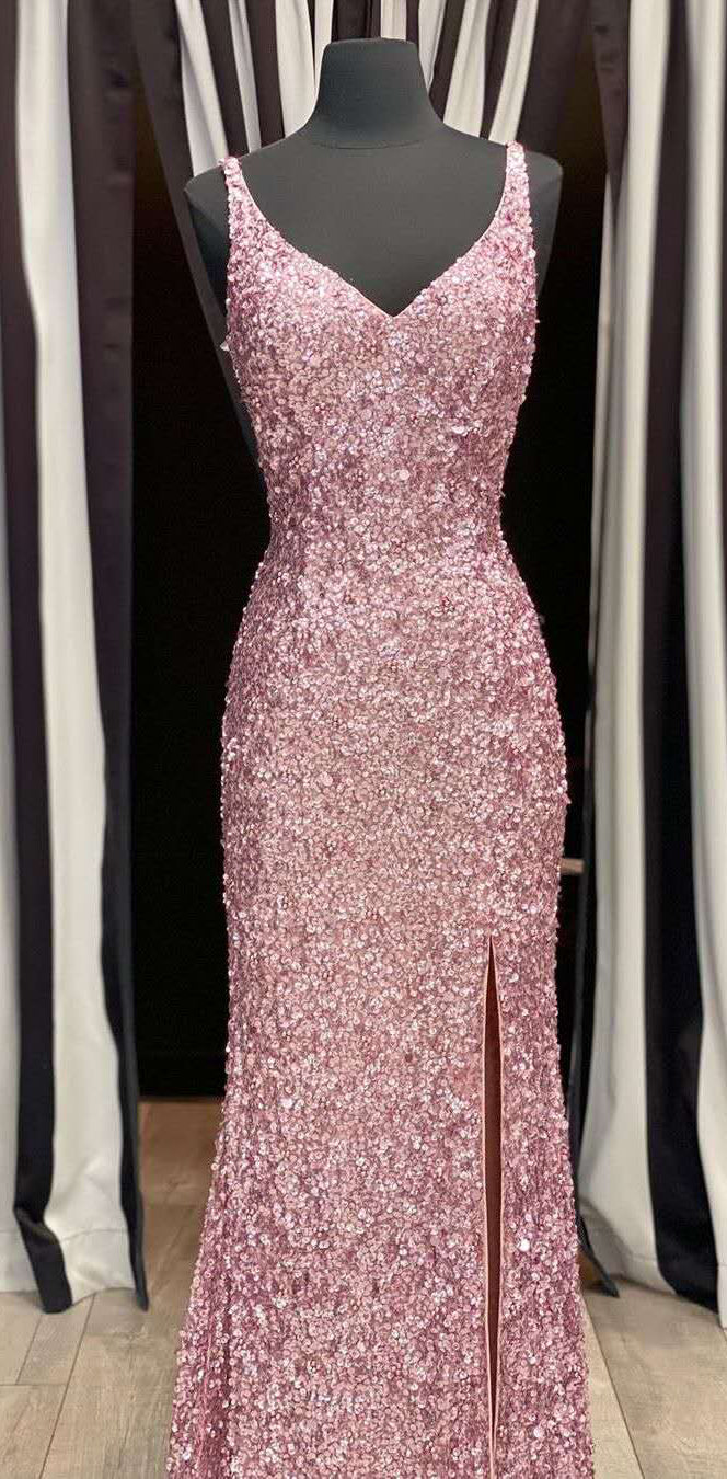 Pink Sequin Sheath Prom Dresses, Side Slit Prom Dresses, Lovely 2020 Prom Dresses