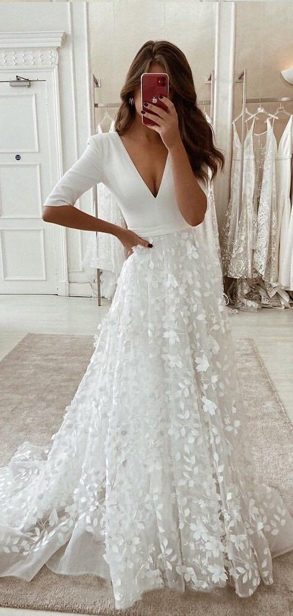 V-neck Jersey Top Lace Appliques Wedding Dresses, Chic Wedding Gown, Newest Wedding Dresses