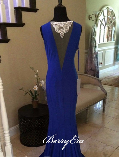 Sleeveless Royal Blue Fitted Jersey Beaded Prom Dresses