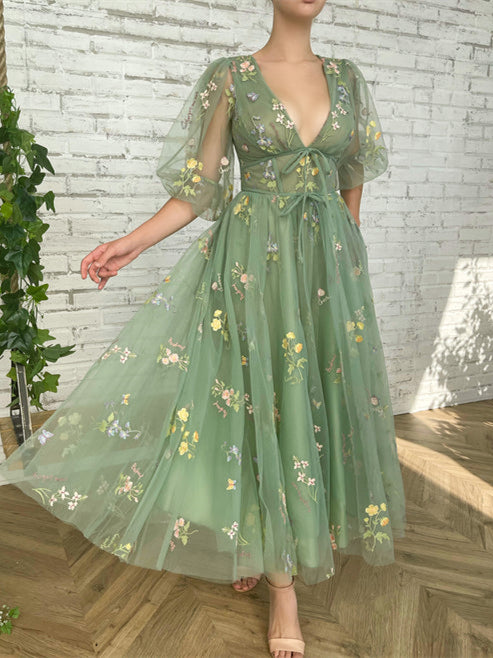 V-neck Floral Long Prom Dresses, A-line Prom Dresses, Green Party Dres Berryera V-neck Floral Long Prom Dresses, A-line Prom Dresses, Green Party Dres Berryera