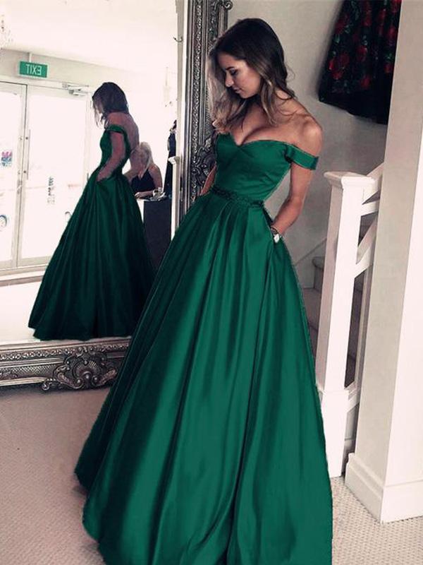 Emerald Green Satin Long A-line Off Shoulder Prom Dresses