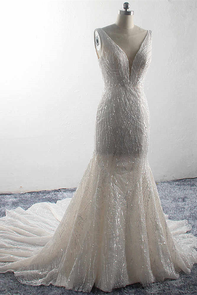 V-neck Long Mermaid Shiny Wedding Dresses, Saprkle Long Bridal Gown, 2021 Wedding Dresses