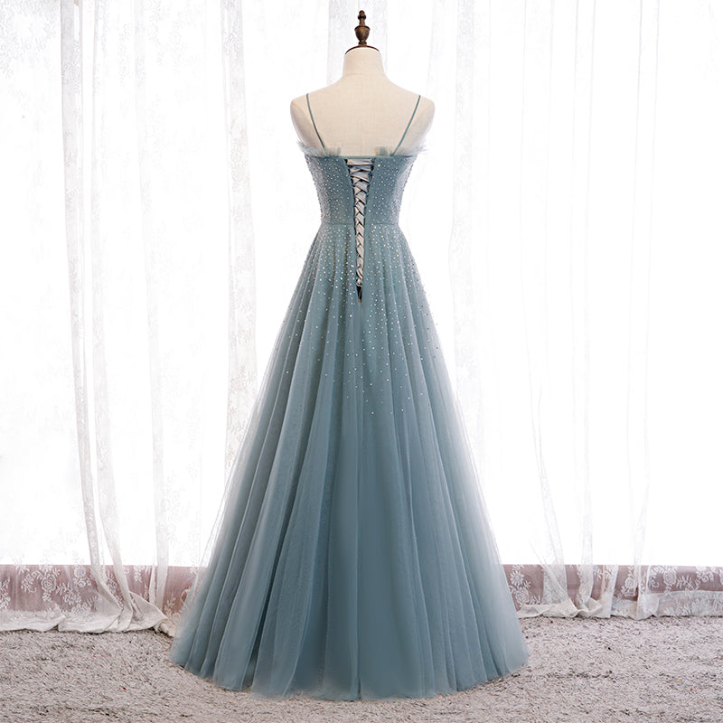 Spaghetti Long A-line Tulle Beaded Prom Dresses, Sequined Prom Dresses, Newest 2021 Prom Dresses