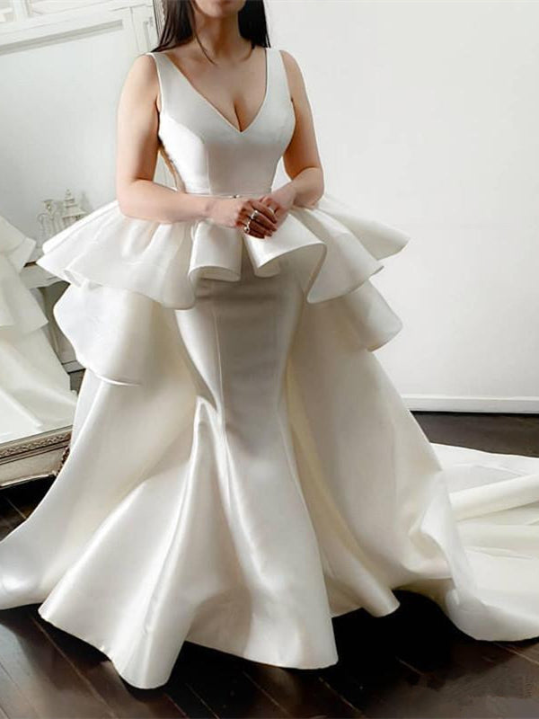 V-neck Long Mermaid Wedding Dresses, Satin Wedding Gown, Chic Wedding Dresses, Newest Wedding Dresses