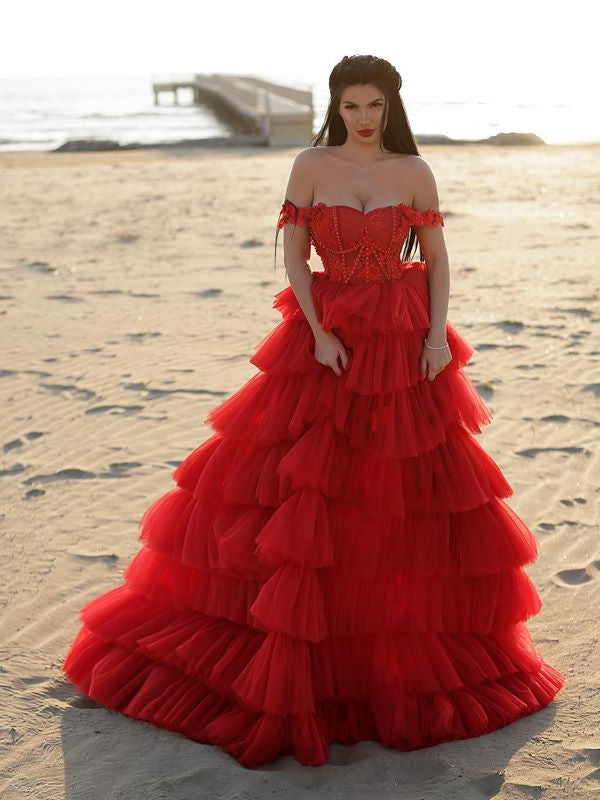 Off Shoulder Red Tulle Beaded Prom Dresses, Long Prom Dresses, Wedding Dresses, 2021 Prom Dresses