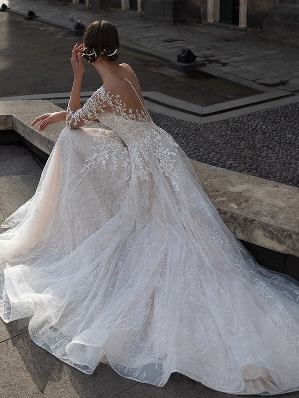 Long Sleeves Lace Tulle Wedding Gown, Elegant Lace Bridal Gown, 2020 Wedding Dresses