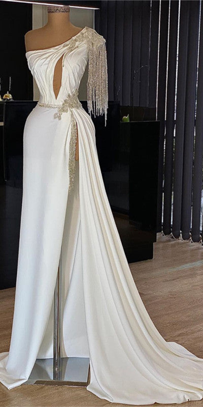 One Shoulder Long High Slit Prom Dresses, Tassels Jersey Long Prom Dresses, 2021 Prom Dresses