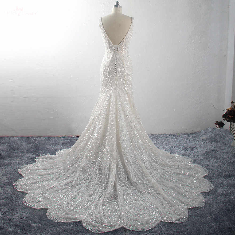 V-neck Long Mermaid Shiny Wedding Dresses, Saprkle Long Bridal Gown, 2021 Wedding Dresses