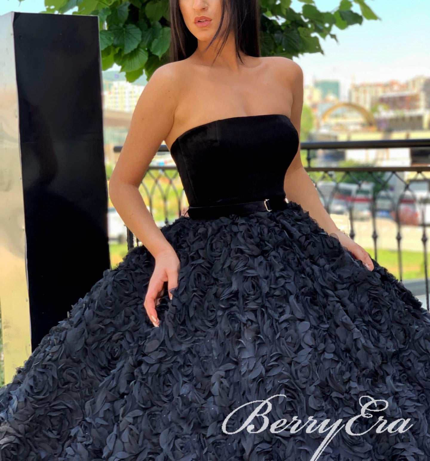 Strapless Long A-line Black 3D Flower Velvet Top Prom Dresses, Ball Gown, Luxury Prom Dresses